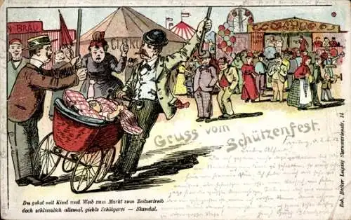 Litho Gruß vom Schützenfest, Jahrmarkt, Mann mit Kinderwagen