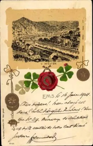 Litho Bad Ems an der Lahn, Gesamtansicht, Siegel, Kleeblätter