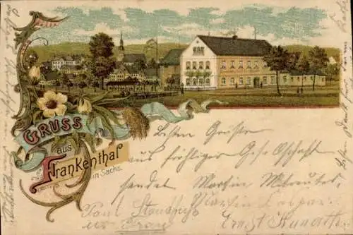 Litho Frankenthal in der Lausitz Sachsen, Gasthof, Blumenornament