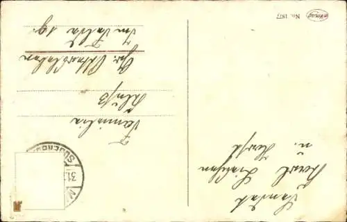 Ak Kind malt Glücksbringer an eine Mauer, Schwein, Hufeisen, Geldsack