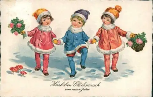 Ak Glückwunsch Neujahr, Kinder, Pilze, Blumen, Glücksklee