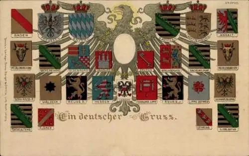 Präge Wappen Ak Ein deutscher Gruß, Kaiser Wilhelm II., Anhalt, Sachsen, Hamburg, Bayern