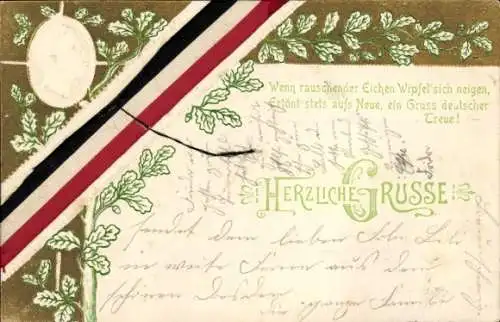 Präge Wappen Passepartout Litho Herzliche Grüße, Eicheblätter, Klee, Kaiserliche Flagge