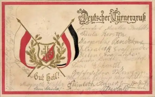 Präge Passepartout Litho Deutscher Turnergruß, Gut Heil, 2 gekreuzte Flaggen