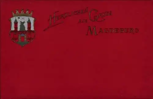 Präge Wappen Ak Magdeburg an der Elbe, Herzlichen Gruß