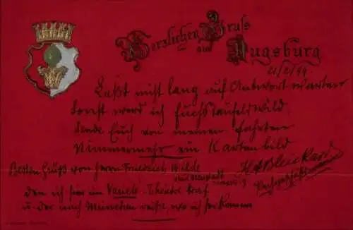 Präge Wappen Ak Augsburg in Schwaben, Herzlichen Gruß