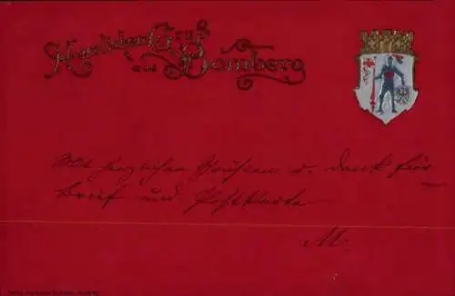 Präge Wappen Ak Bamberg in Oberfranken, Herzlichen Gruß