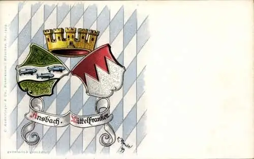 Künstler Wappen Ak Ansbach in Mittelfranken Bayern, zwei Wappen, Krone