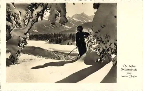 Ak Glückwunsch Neujahr, Ski