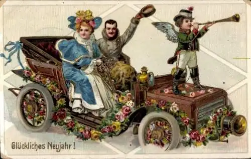 Ak Glückwunsch Neujahr, Automobil, Blumen
