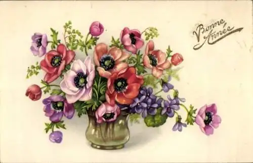 Ak Glückwunsch Neujahr, Blumenstrauß in einer Vase