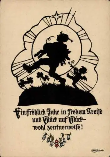 Scherenschnitt Künstler Ak Plischke, G., Glückwunsch, Junge, Engel, Schwein, Glücksklee