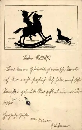 Scherenschnitt Künstler Ak Carus, Kind auf einem Schaukelpferd