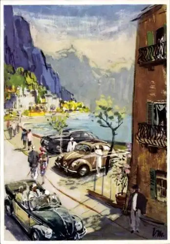 Künstler Ak Ferienreise im Volkswagen, Autos, Parkplatz