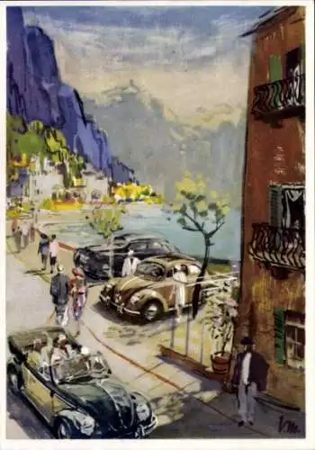 Künstler Ak Ferienreise im Volkswagen, Autos, Parkplatz