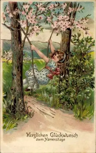 Präge Litho Glückwunsch zum Namenstage, Mädchen auf der Schaukel
