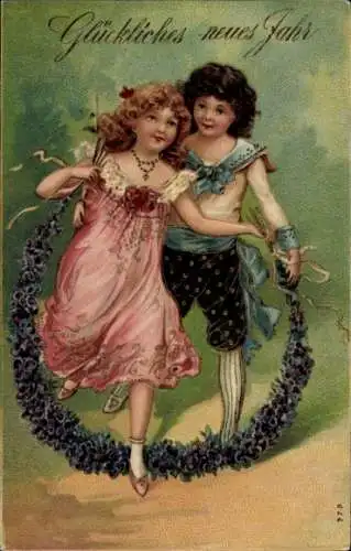 Glitzer Präge Ak Glückliches Neujahr, Mädchen, Junge, Blumenkranz