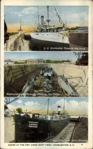 Ak USS Texas, USS Navy Brutus, Uboote und Torpedoboote im Trockendock Charleston
