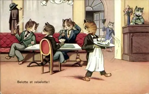 Ak Vermenschlichte Katzen, Kartenspiel