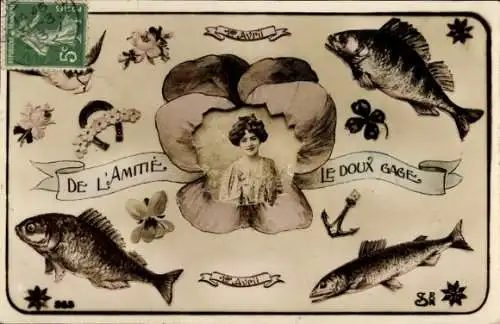 Ak Glückwunsch 1. April, Fische, Frau-Porträt