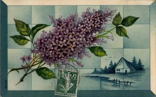 Ak Fliederstrauß, Wohnhaus, Fluss, Kitsch