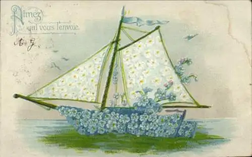 Künstler Ak Segelboot mit Blumen, Vergissmeinnicht