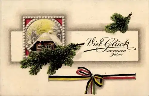 Ak Glückwunsch Neujahr, Tannenzweig, Haus