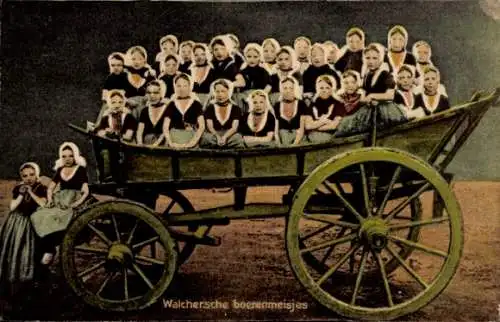 Ak Walcheren Zeeland, Frauen in Volkstrachten, Fuhrwerk