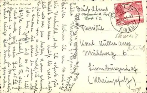 Ak Basel Stadt Schweiz, Bahnhof  Springbrunnen, historische Architektur, Autos, Menschen