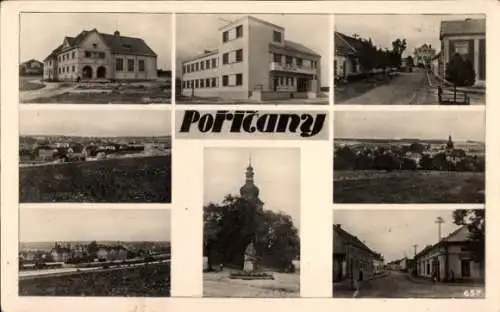 Ak Poříčany Poritschan Porschitzan Mittelböhmen, Teilansichten, Kirche, Panorama, Straßenpartie