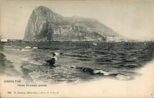 Ak Gibraltar,  Meer, Spanische Küste, Felsen, Boote, historische Ansicht