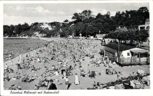 Ak Möltenort Heikendorf an der Kieler Förde, Strand mit Badeanstalt, zahlreiche Badegäste, Son...