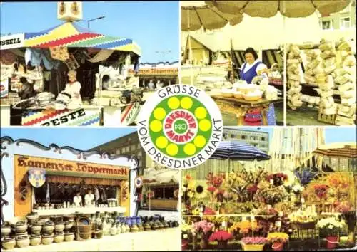 Ak Dresden Altstadt Friedrichstadt, Bunte Marktstände, Blumen, Händler, Dresdner Markt, Menschen