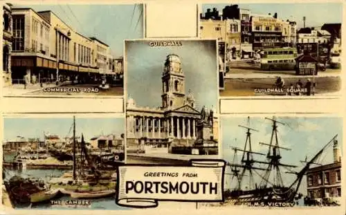 Ak Portsmouth Hampshire England, Postkarte mit Stadtansichten, Guildhall, Commercial Road, HMS...