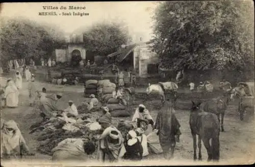 Ak Meknès Marokko, Marktszene, Menschen, Waren, Pferde, Bäume