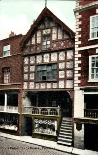 Ak Chester Cheshire England, GODS PROVIDENCE HOUSE, Fachwerkhaus, Treppe, Schaufenster