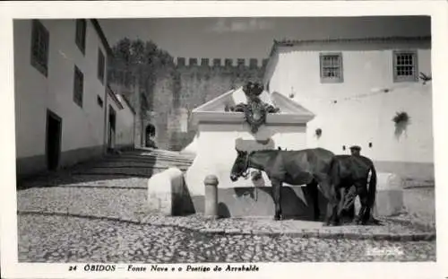 Ak Óbidos Portugal, Brunnen, Pferd, Mann, historische Architektur, Kopf einer Löwenstatue, Kop...