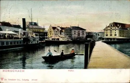 Ak Rorschach Kt. St. Gallen Schweiz, Hafenansicht, Boote, Gebäude, farbige Illustration