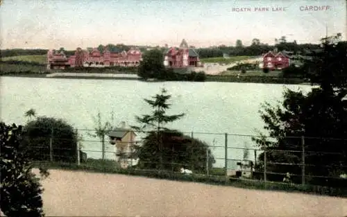Ak Cyncoed Cardiff Wales, Roath Park Lake, herrliche Seepanorama, viktorianische Gebäude