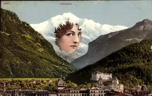 Ak Interlaken Kanton Bern Schweiz, Berglandschaft, Gesicht einer Frau, Postkartenstil