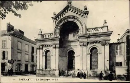 Ak Epernay Marne, Synagoge, historische Architektur, Stadtansicht, Menschen, Bäume