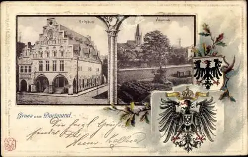 Ak Dortmund im Ruhrgebiet, Rathaus  Vebmlinde, Gruss aus Dortmund, Wappen
