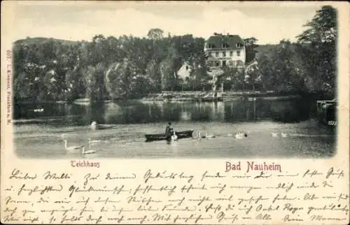 Ak Bad Nauheim in Hessen, Teichhaus,  Bootsfahrer auf dem Wasser, Schwäne