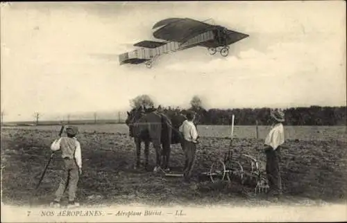 Ak Nos Aéroplanes, L'Aéroplane Blériot den plein vol, Pferdepflug, Flugzeug
