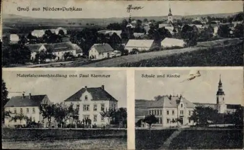 Ak Niederputzkau Putzkau in der Oberlausitz, Gesamtansicht, Materialwarenhandlung, Schule