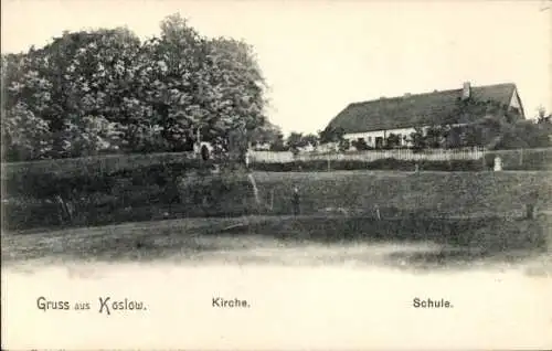 Ak Koslow Mitschurinsk Russland, Kirche, Schule, Gruss aus  ländliche Szenerie