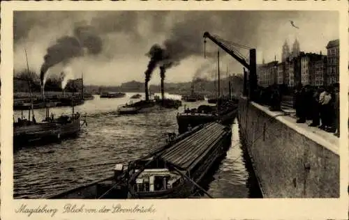 Ak Magdeburg in Sachsen Anhalt, Blick von der Strombrücke, Dampfer, Kran