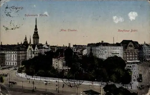 Ak Leipzig, Kirche, Theater, Kaufhaus Brühl