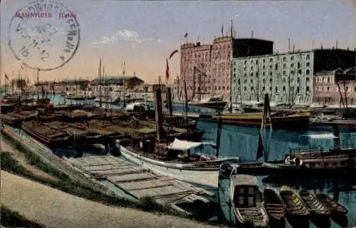 Ak Mannheim in Baden, Hafenansicht, viele Schiffe, Hafenanlagen, historische Architektur