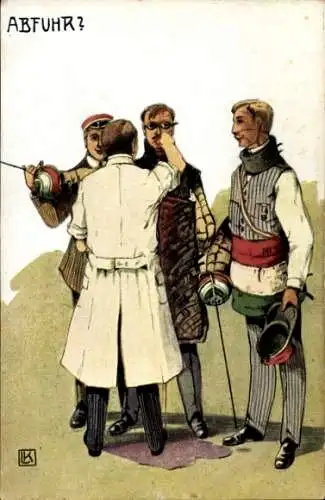Studentika Künstler Ak Abfuhr, Soldaten beim Fechten, Mansur, Schmisse